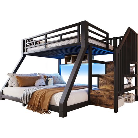 Lit superposé 90 - 140x200cm avec éclairage LED, escalier avec rangement 3 compartiments, garde-corps sécurisé certifié EN747, structure métal, noir (1/2)