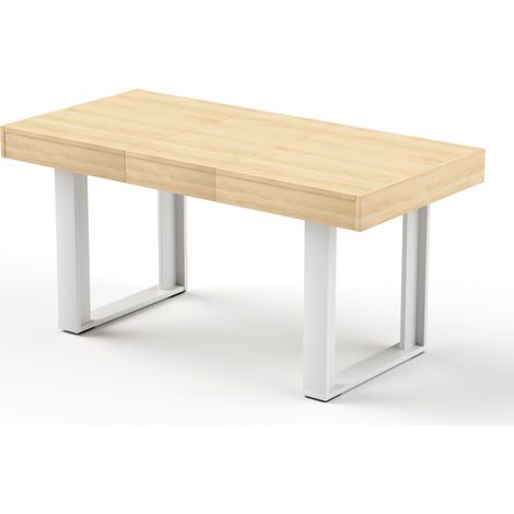 Tavolo da pranzo allungabile retrò 120-160 cm per 8 persone, in truciolare, naturale e bianco (1/5)