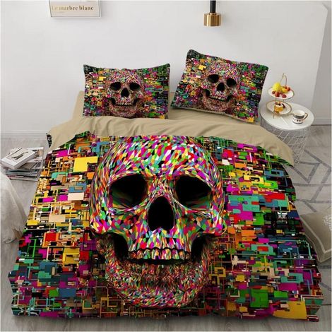Bettwäsche-Set 155x220 cm Totenkopf bunt Mikrofaser mit Reißverschluss