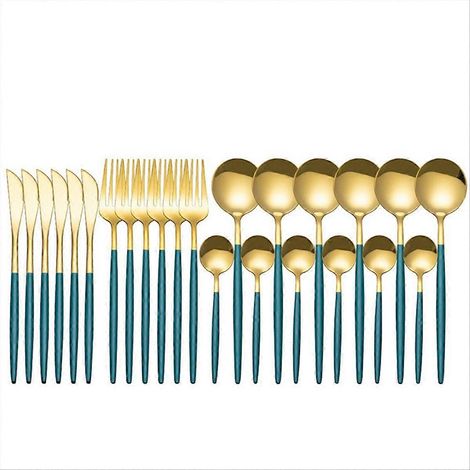 Service de table 24 pièces en acier inoxydable, couverts verts et dorés. (1/5)