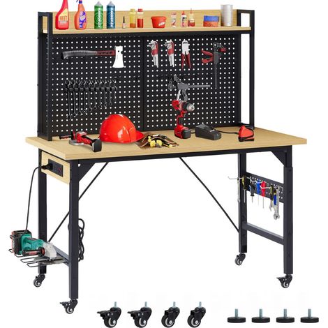 Etabli modulable-700kg charge-roulettes-paroi perforée-prises AC/USB-120x60x125,5cm (1/5)