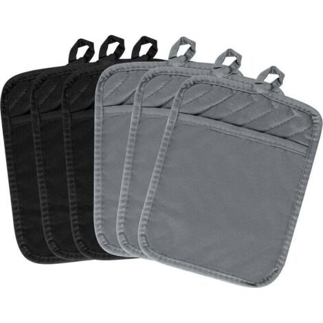 Lot de 6 maniques de cuisine avec poche, noir et gris, en coton éponge résistant à la chaleur, maniques, dessous de plat, maniques, dessous de plat pour cuisine, 18 x 24 cm (1/4)