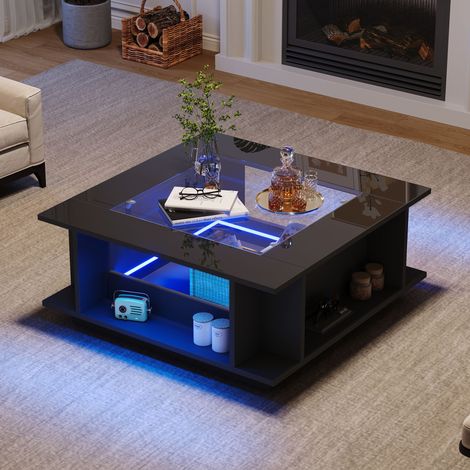 Couchtisch Quadratisch mit Offenen Fächern und Seitlichem Stauraum, LED, für Wohnzimmer, Schwarz, 70 × 70 × 30 cm (1/5)