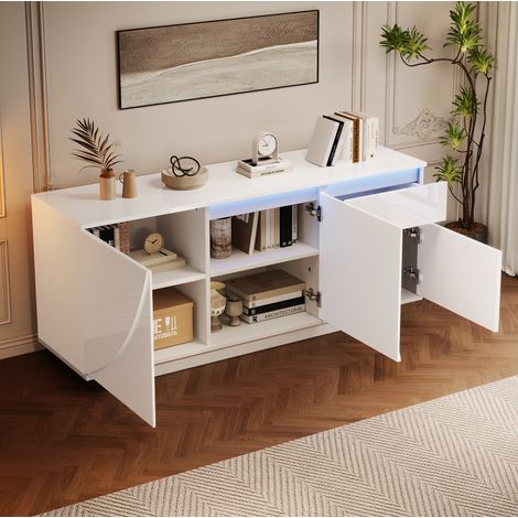Credenza 140x40x60 cm bianca in MDF lucido con 3 armadi, 1 cassetto, ripiani regolabili e LED (1/5)