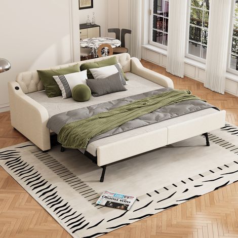 90 x 200 cm canapé-lit gigogne beige, lit de jour pour salon ou chambre, avec lit coulissant et port USB (1/5)
