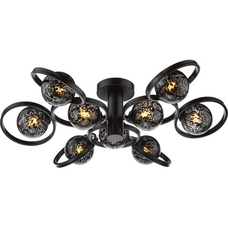 Dar Lynette Plafonnier semi-encastré Lynette 9 lumières, noir satiné avec verre à confettis noirs