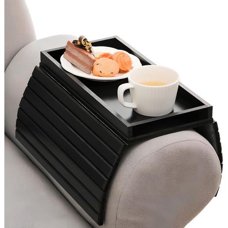 Plateau de Canapé Accoudoir en Bambou, Flexible et Pliable, Table d'Appoint Antidérapante pour Canapé, Organisateur Canapé Support Accoudoir (Noir) (1/5)