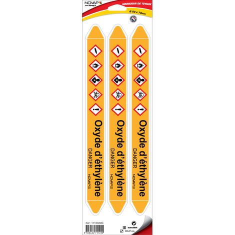 Planche de 3 marqueurs de tuyauterie 355 x 37 mm pour Ø 50 à 70 mm - Oxyde d'éthylène - 4711225