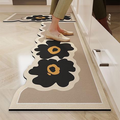 Tapis Cuisine Antidérapant, Absorbant Diatomite Tapis de Cuisine Lavable Tapis Cuisine Devant Evier Bain Vaisselle Douche, Formes de Fleurs Créatives (Noir Kaki,60x90cm) (1/5)