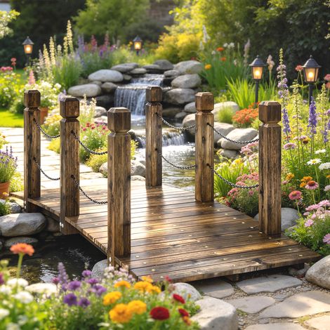 Puente de Jardín de Madera 1,51 m Puente Decorativo para Estanques Rústico con Barandillas de Seguridad Carbonizado (1/5)
