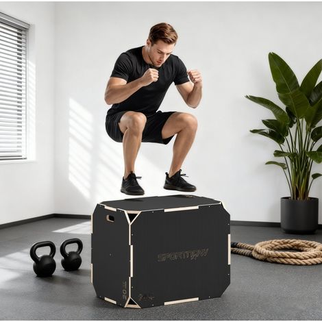 Plyo Box 3-en-1 76x51x61 cm en bois noir, 3 hauteurs pour fitness maison FloraGrace (1/5)