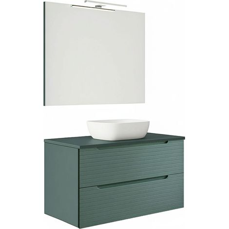 Kibath Mueble de baño con Lavabo, Espejo y Aplique LED BOREAL 100x45 cm acabado Verde Lago mate 2 cajones suspendido