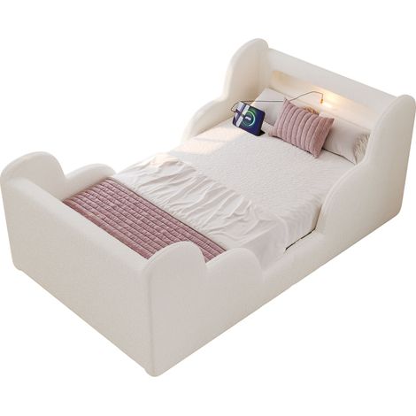 Lit enfant 90 x 200 cm, lit rembourré, lit simple avec barrière de sécurité, veilleuse, port de charge USB et étagères de rangement, pieds de lit en bois massif, bouclé beige