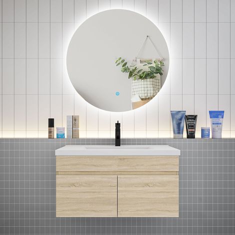 Aica Ensemble meuble Salle de Bain L.80cm Chêne + vasque + Miroir rétro-éclairage & Tricolore 80cm (1/5)