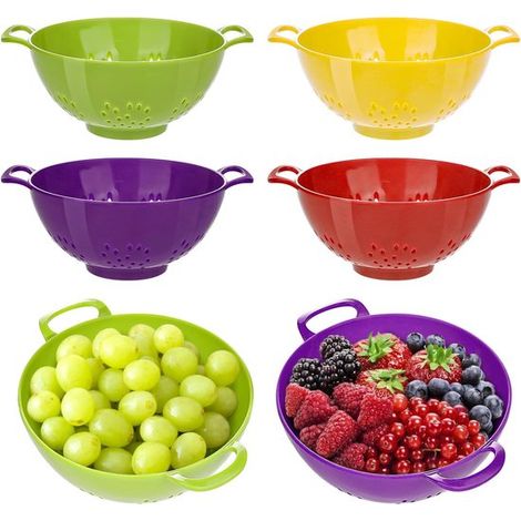 Cesto per lavare le verdure, set da 4 pezzi con doppi manici, setaccio da cucina 19 x 14,8 x 7,5 cm, setaccio piccolo per frutta, verdura e alimenti, verde, viola, rosso, giallo (1/5)