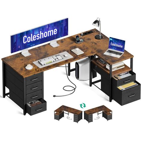 Schreibtisch L Form Stoff Schubladen Aktenschublade USB 140x70cm Braun (1/5)