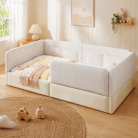 Lit 90x200 avec barrière et poches de rangement blanc OKMYHOME (1/5)