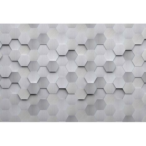Papier peint panoramique géométrique gris métal | Tapisserie panoramique motif hexagone idéale salon | Papier peint panoramique 3D angle de mur - 270 x 400 cm (4 pièces) (1/2)