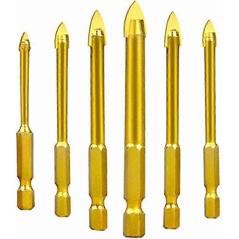Forets en acier au tungstène pour verre, céramique, carrelage et cristal, à queue hexagonale, revêtement titane, 3 mm, 4 mm, 5 mm, 6 mm, 8 mm et 10 mm, lot de 6 (1/5)