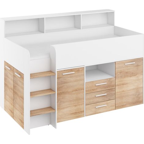 Bim Furniture – Lit mezzanine avec bureau NEO gauche blanc – Surface de couchage 80 x 200 cm – Panneau stratifié 16 mm – Dimensions 206 x 120 x 138 cm (1/5)