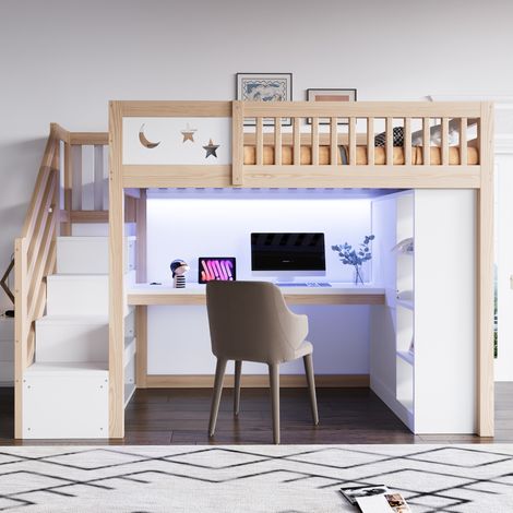 MODFU – Lit mezzanine enfant 90x200 cm pin/MDF – Bureau, LED, prises et rangements – Échelle et charge 120 kg – Chambre – Blanc/naturel (1/5)