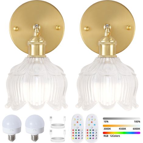 Lot de 2 appliques murales LED rechargeables avec télécommande, lampe de chevet sans fil, intensité variable, changement de couleur RVB, 3 000K-6 000K (1/5)