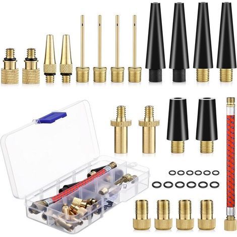 Embout Pompe Velo, 33 Pièces Embout Gonfleur Ballon, DV SV AV Adaptateur Pompe Velo avec Boîte de Rangement，Adaptateur de Valve avec Tuyau de Gonflage, pour Vélo, Pompe à Vélo et Compresseurs Pompes