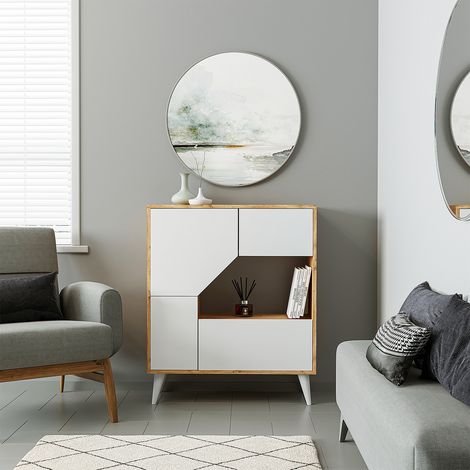 Roomart PABLO Mehrzweckschrank 90 cm breit, Weiß-Eiche