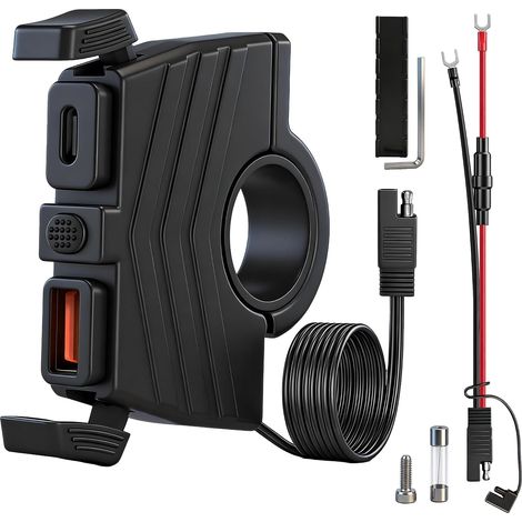 Prise USB Moto avec 30W PD et QC 3.0, Chargeur USB Moto Imperméable avec Interrupteur et Fusible 10A, Adaptateur SAE pour Charge Rapide 12-24V - Téléphone, GPS, Tablet (1/5)
