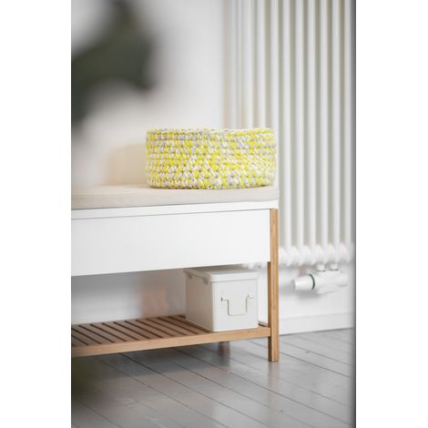 WENKO Schuhbank mit Staufach Finja, Sitzbank mit Stauraum, Schuhablage und Sitzpolster aus Bambus/MDF, Braun, Bambus natur, MDF weiß, Baumwolle beige (1/5)