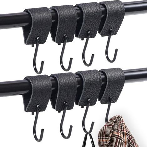 Crochets en S (lot de 8) – Crochets de suspension noirs, patères avec boucle en cuir – Pour porte-manteaux, tringles à vêtements, cuisines et salles de bains (1/5)
