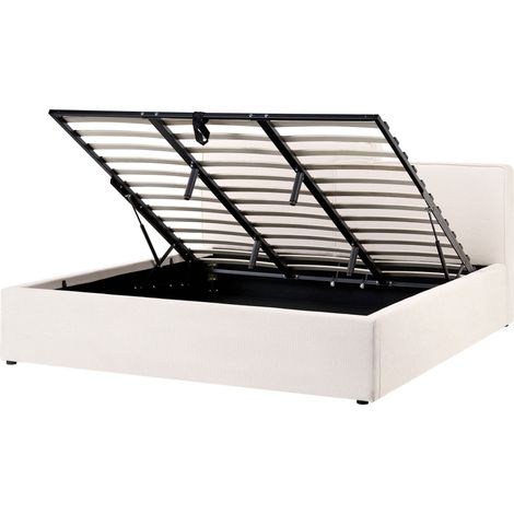 Ottoman Bed Off-White Fabric Upholstery EU Super King Size Asymetrical Headboard Storage Function Scandi LAGARDE