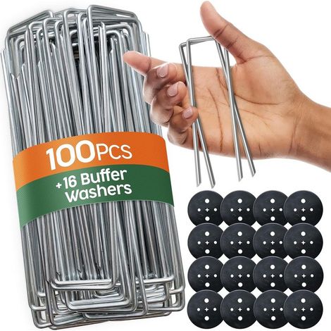 Piquets de Jardin 100 pcs + 16 Rondelles – Sardines de Fixation pour Sol Dur , Agrafes de Jardin - Piquet Ancrage pour Tomates - Agrafes pour Toile de Paillage et Gazon Synthétique (1/5)