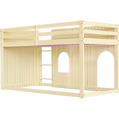 Cama alta infantil de pino y MDF 90 x 200 cm natural con LED multicolor y escalera recta (1/5)
