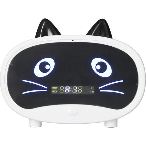 Mini enceinte multifonctionnelle à oreilles de chat mignonnes, double réveil, blanche, idéale pour la chambre ou le bureau.