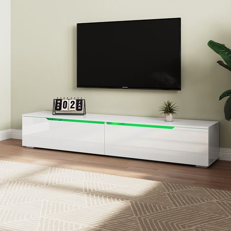 SONNI TV Board Möbel Hängend TV Schrank Board mit 2 Klapptüren Weiß Hochglanz mit Einstellbar LED Beleuchtung 180x35x30cm