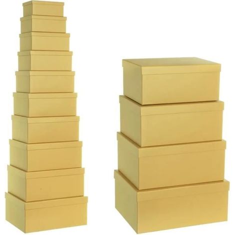 Boîte de rangement - JUANIO - Lot de 10 - Empilables - Carton-tissu double épaisseur 2 mm - Jaune (1/4)