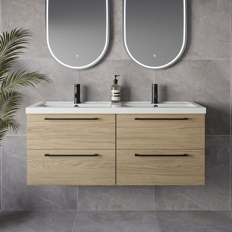 Napoli 390 Light Oak 1200mm Wall Mounted 4 Drawer Vanity Unit with Double Lucia Basins - 1200mm - Matt Black 320mm Handle