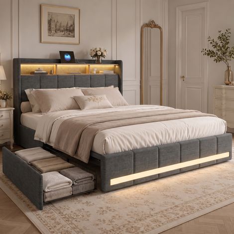 Letto matrimoniale 140x190 cm con LED RGB, letto per adulti con 4 cassetti e testiera con ripiano, rivestimento in lino, rete a doghe, Grigio (1/5)