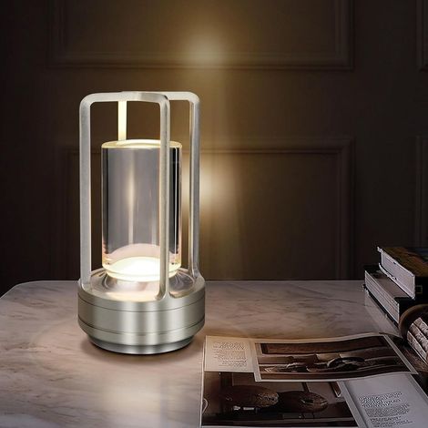 LED-Tischleuchte, kabelloser Touch-Dimmer, wiederaufladbare Laternenlampe, USB-C-Akku, Tischleuchte für den Innen- und Außenbereich, geeignet für Esszimmer, Schlafzimmer, Bar, Esstisch, silberfarben.