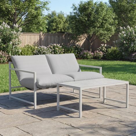 Salon de Jardin Extérieur 2 Pièces, Canapé avec Coussins, Table Basse en Verre Trempé Marbré 3D, 125x80x64cm, Gris Clair (1/5)
