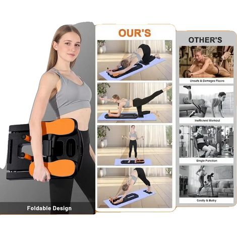Máquina de Pilates Reformer, estructura de acero duradera, diseño plegable, soporta hasta 136 kg (300 lbs), resistencia personalizable, apta para diversas bandas de resistencia. (1/5)