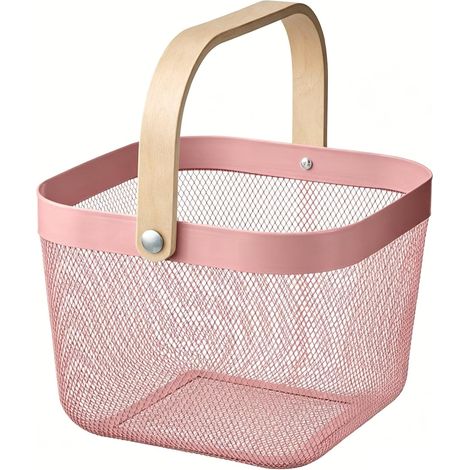 Panier de Rangement et d'Égouttage en Métal - Acier Peint Rose - Poignée en Bambou - 25 x 17 x 25 cm - Pour Cosmétiques (1/5)