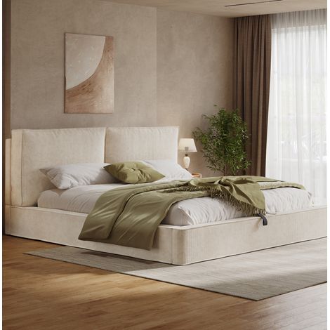 Bett 180x200 cm modern in Beige Cord mit gepolstertem Kopfteil, Lattenrost und hydraulischem Stauraum