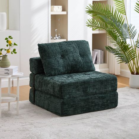 Fauteuil-lit pliable 1 place en chenille vert émeraude, matelas convertible, dossier rembourré, coussins tête et lombaires (1/5)