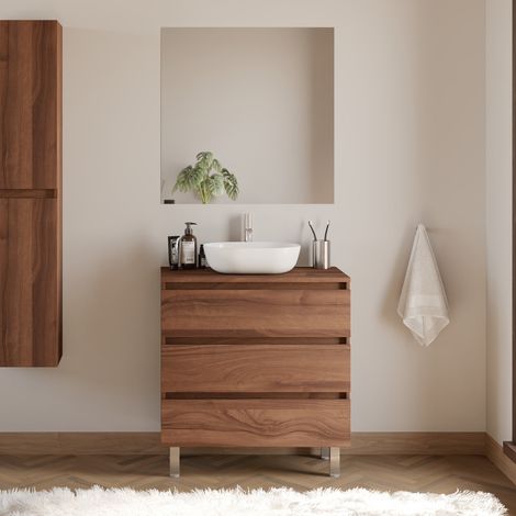 Meuble de salle de bain 80cm avec plateau et vasque à poser arrondie - 3 tiroirs - noyer (bois foncé) - MAYOR