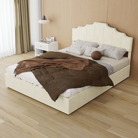 lit adulte chambre couchage 140x200 tissu beige métal OKMYHOME (1/5)