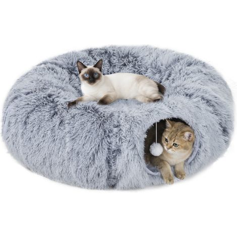 Tunnel pour chat intérieur avec lit de en forme donut coussin circulaire lavable 90x80x27cm gris clair (1/5)