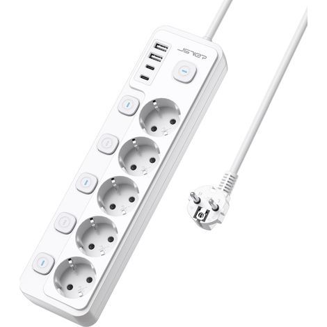 Power Strip with 5 Outlets, Individual Switches, 4 USB Charging Ports, 2M Cord, Home, Office, Kitchen (1/5)