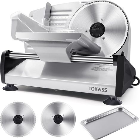 Stainless Steel Electric Slicer - Ham, Meat, Bread, Sausage and Cheese Slicer - 2 Interchangeable Blades 190mm - Adjustable Thickness 0-15mm (1/5)
